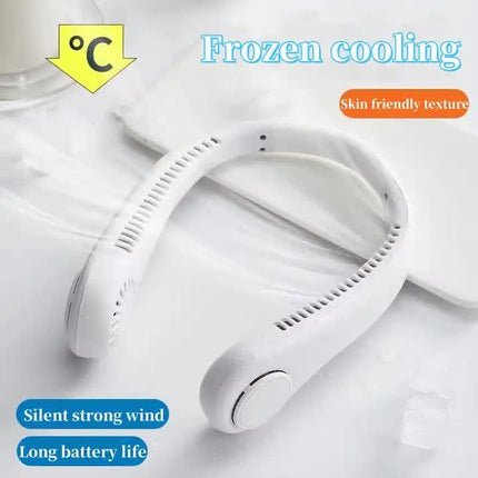 2PCS Blue Leafless Hanging Neck Fan - Rechargeable Portable Hands-Free Cooling Fan with 3 Speeds.