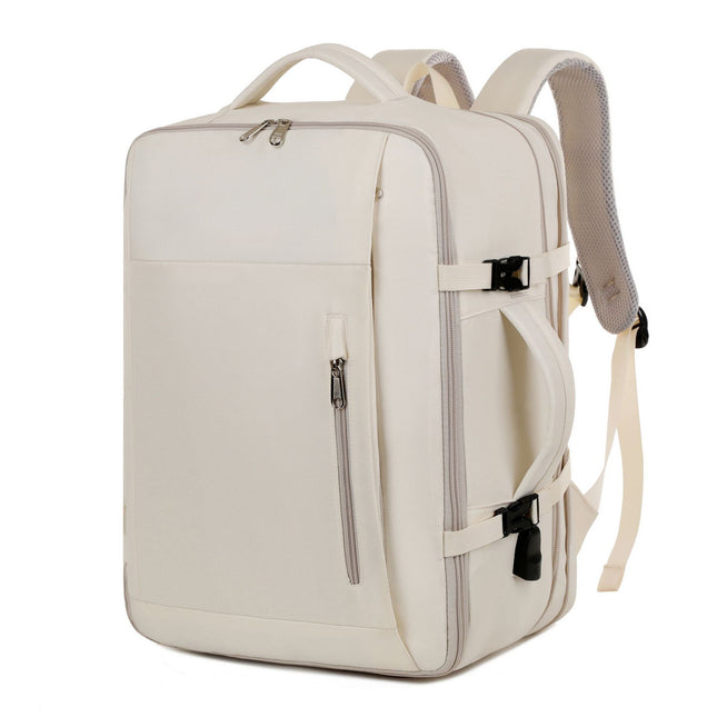Beige Expandable Backpack with USB Port - Multi-Functional Outdoor, Commuter & Laptop Bag.
