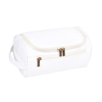 White Large Capacity PU Leather Travel Toiletry Bag - Portable Waterproof Makeup Organizer for Business & Vacation.