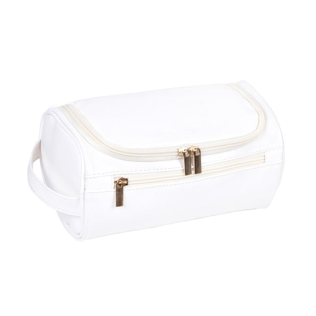 White Large Capacity PU Leather Travel Toiletry Bag - Portable Waterproof Makeup Organizer for Business & Vacation.
