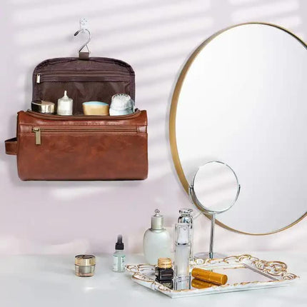 White Large Capacity PU Leather Travel Toiletry Bag - Portable Waterproof Makeup Organizer for Business & Vacation.