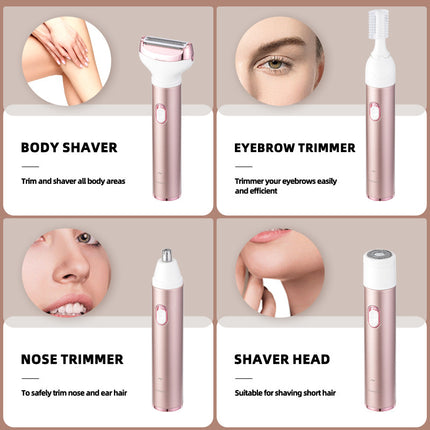 4-in-1 Women's Electric Hair Removal Trimmer - Multifunctional Grooming Kit for Underarms, Bikini, Nose & Eyebrows.