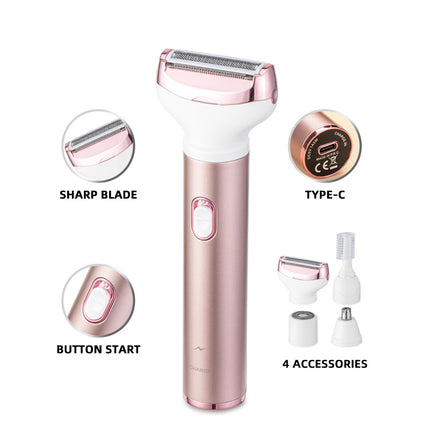 4-in-1 Women's Electric Hair Removal Trimmer - Multifunctional Grooming Kit for Underarms, Bikini, Nose & Eyebrows.