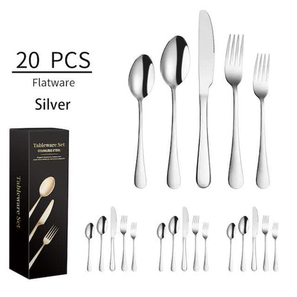 Silver 410 Stainless Steel Cutlery Set - Western Steak Knife, Fork & Spoon Set, 4 Set/20-Piece Dinnerware Set.