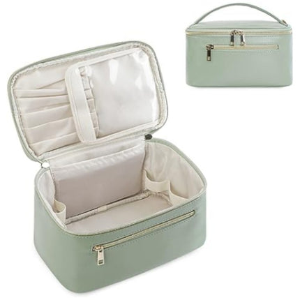 Green PU Leather Large Capacity Makeup Bag - Waterproof & Multifunctional Handbag for Women.