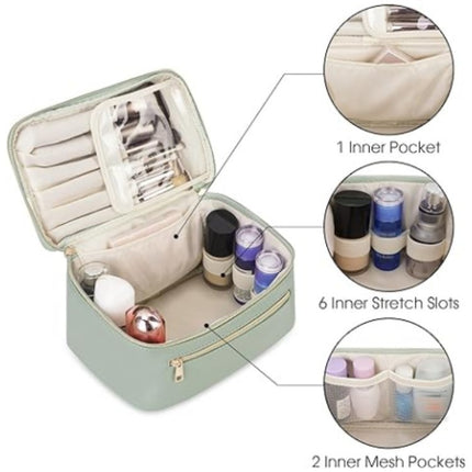 Green PU Leather Large Capacity Makeup Bag - Waterproof & Multifunctional Handbag for Women.