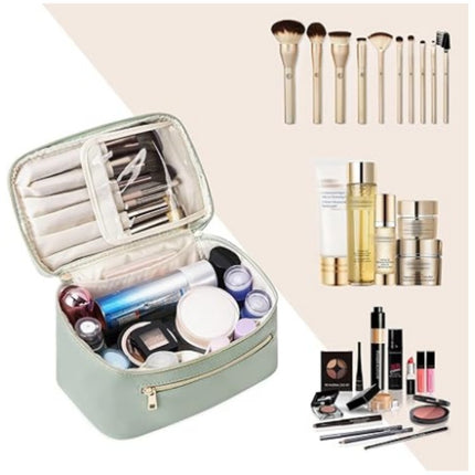 Green PU Leather Large Capacity Makeup Bag - Waterproof & Multifunctional Handbag for Women.