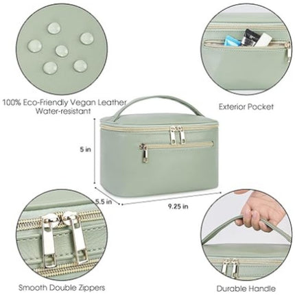 Green PU Leather Large Capacity Makeup Bag - Waterproof & Multifunctional Handbag for Women.