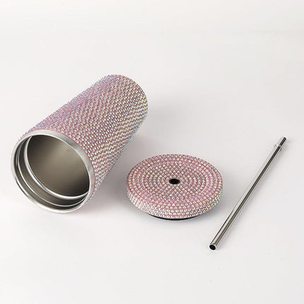 Diamond-Inlaid Insulated 304 Stainless Steel Cup with Straw - Double-Walled, Rhinestone Coffee Mug, Gift Cup for Beverages.
