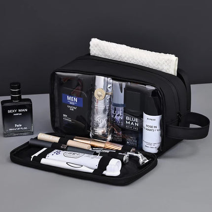 Black Elite Series 3-Layer Large Capacity Men's Toiletry Bag - Portable Travel Cosmetic Organizer with Premium Design.