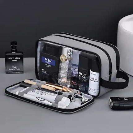 Black Elite Series 3-Layer Large Capacity Men's Toiletry Bag - Portable Travel Cosmetic Organizer with Premium Design.