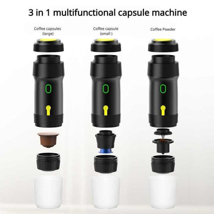 Black Portable Fully Automatic Espresso Coffee Machine - Universal 3-in-1 Capsule, Coffee Powder & Espresso Maker.