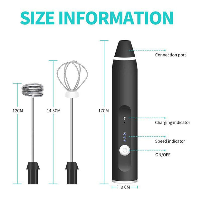 Black 304 Stainless Steel 3-Speed Handheld Electric Milk Frother, Egg Beater, Paint Mixer, and Milk Powder Blender.