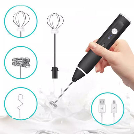 Black 304 Stainless Steel 3-Speed Handheld Electric Milk Frother, Egg Beater, Paint Mixer, and Milk Powder Blender.