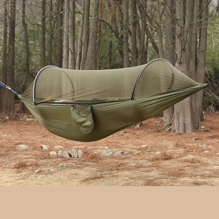 Military Green Outdoor Camping Hammock with Mosquito Net, Anti-Tip Nylon Fabric, Single/Double Person Quick-Setup Hammock.