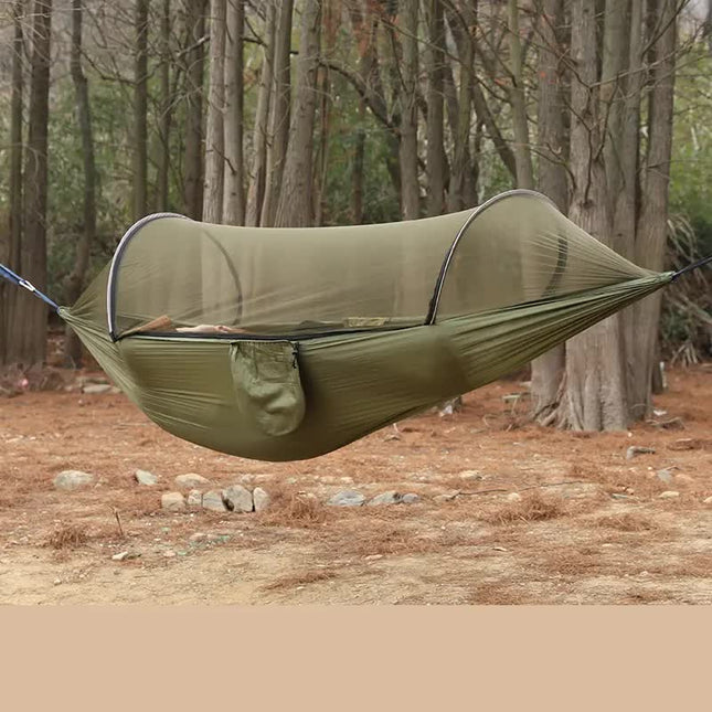 Military Green Outdoor Camping Hammock with Mosquito Net, Anti-Tip Nylon Fabric, Single/Double Person Quick-Setup Hammock.