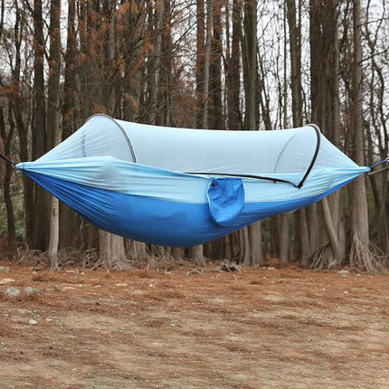 Blue Outdoor Camping Hammock with Mosquito Net, Anti-Tip Nylon Fabric, Single/Double Person Quick-Setup Hammock.