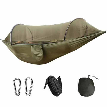 Blue Outdoor Camping Hammock with Mosquito Net, Anti-Tip Nylon Fabric, Single/Double Person Quick-Setup Hammock.