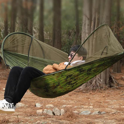 Blue Outdoor Camping Hammock with Mosquito Net, Anti-Tip Nylon Fabric, Single/Double Person Quick-Setup Hammock.