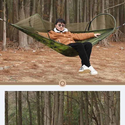 Blue Outdoor Camping Hammock with Mosquito Net, Anti-Tip Nylon Fabric, Single/Double Person Quick-Setup Hammock.
