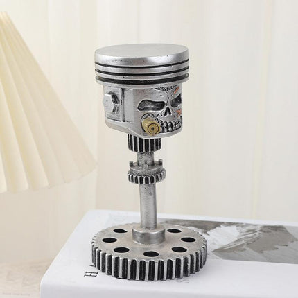 Piston Skull Face Sculpture, Resin Gear Decor, Industrial Style Home Decoration.