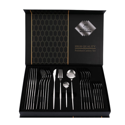 Silver Color Premium 24-Piece Stainless Steel Cutlery Set – Elegant Golden Steak Knife, Fork, and Spoon Set in Luxury Gift Box.