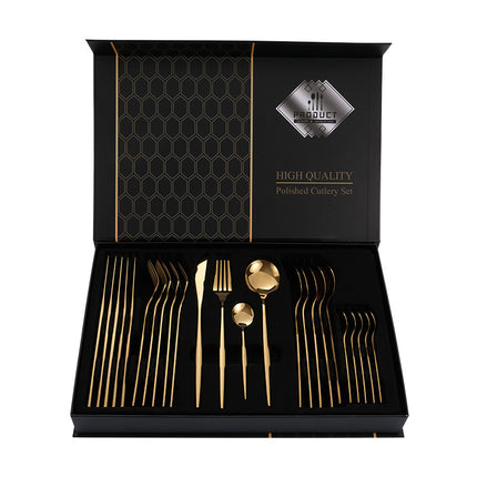 Gold Color Premium 24-Piece Stainless Steel Cutlery Set - Elegant Golden Steak Knife, Fork, and Spoon Set in Luxury Gift Box.