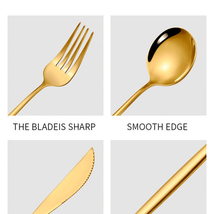 Gold Color Premium 24-Piece Stainless Steel Cutlery Set - Elegant Golden Steak Knife, Fork, and Spoon Set in Luxury Gift Box.