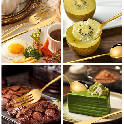 Gold Color Premium 24-Piece Stainless Steel Cutlery Set - Elegant Golden Steak Knife, Fork, and Spoon Set in Luxury Gift Box.