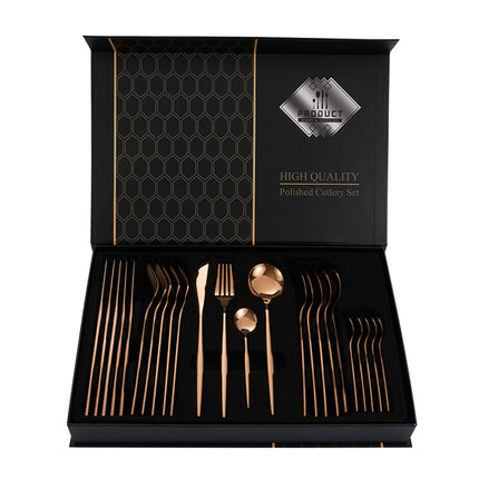 Rose Gold Color Premium 24-Piece Stainless Steel Cutlery Set - Elegant Golden Steak Knife, Fork, and Spoon Set in Luxury Gift Box.