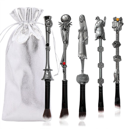 5-Piece Gothic Skeleton Jack Makeup Brush Set - Halloween Horror-Themed Metal Eyeshadow Brushes for Creative Festive Gifts.