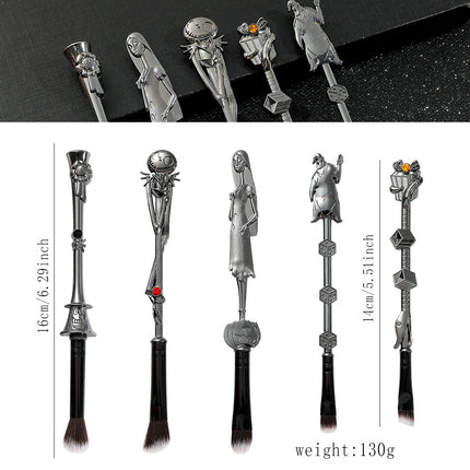 5-Piece Gothic Skeleton Jack Makeup Brush Set - Halloween Horror-Themed Metal Eyeshadow Brushes for Creative Festive Gifts.