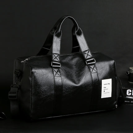 Black Men's Large-Capacity PU Leather Gym Bag - Travel, Shoulder, and Duffel Bag for Fitness and Yoga.