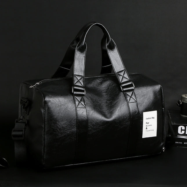 Black Men's Large-Capacity PU Leather Gym Bag - Travel, Shoulder, and Duffel Bag for Fitness and Yoga.