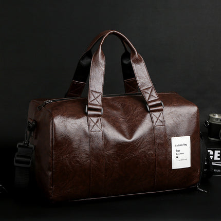 Brown Men's Large-Capacity PU Leather Gym Bag - Travel, Shoulder, and Duffel Bag for Fitness and Yoga.