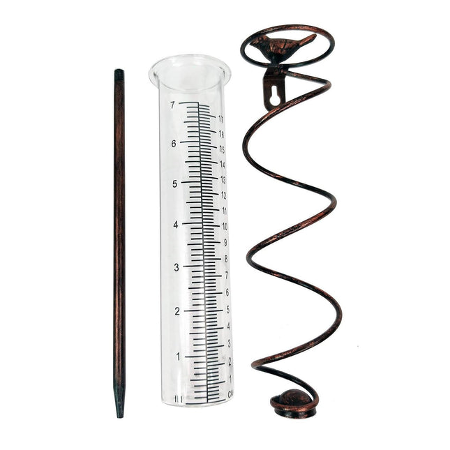 Decorative Garden Rain Gauge – Glass Rain Meter with Metal Stake and Bird Design.
