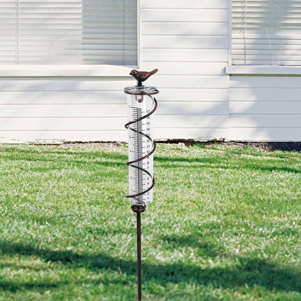 Decorative Garden Rain Gauge – Glass Rain Meter with Metal Stake and Bird Design.