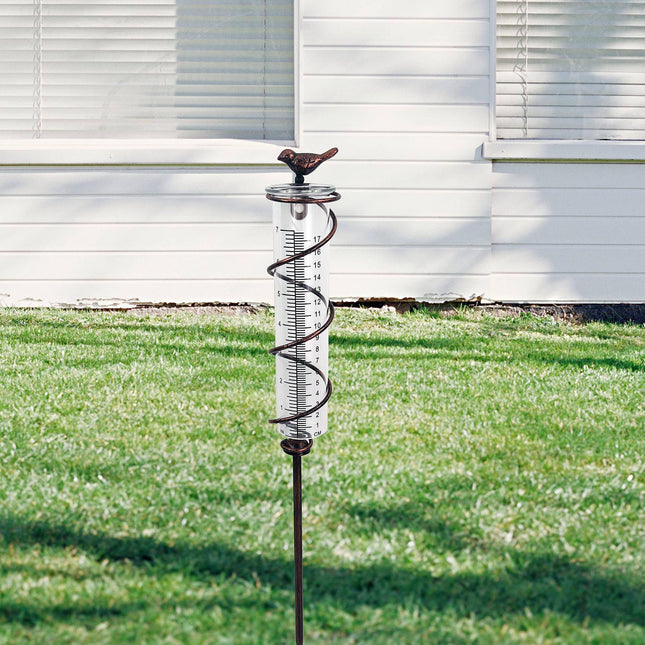Decorative Garden Rain Gauge – Glass Rain Meter with Metal Stake and Bird Design.