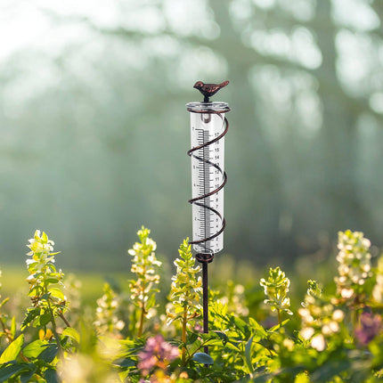 Decorative Garden Rain Gauge – Glass Rain Meter with Metal Stake and Bird Design.