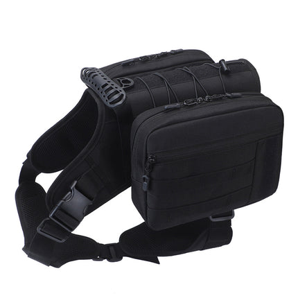 Black Dog Tactical Backpack Harness - Adjustable Outdoor Camouflage Saddle Bag for Dogs.