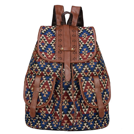 Lozenge Pattern Bohemian Style Canvas Backpack - Vintage Tribal Pattern Travel Bag with Leather Straps.