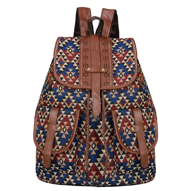 Lozenge Pattern Bohemian Style Canvas Backpack - Vintage Tribal Pattern Travel Bag with Leather Straps.