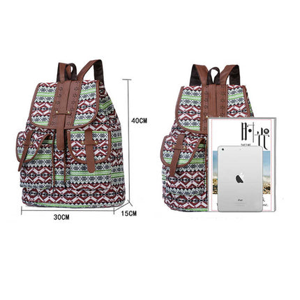 Lozenge Pattern Bohemian Style Canvas Backpack - Vintage Tribal Pattern Travel Bag with Leather Straps.