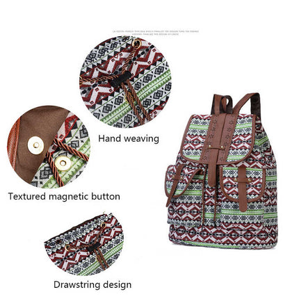 Lozenge Pattern Bohemian Style Canvas Backpack - Vintage Tribal Pattern Travel Bag with Leather Straps.