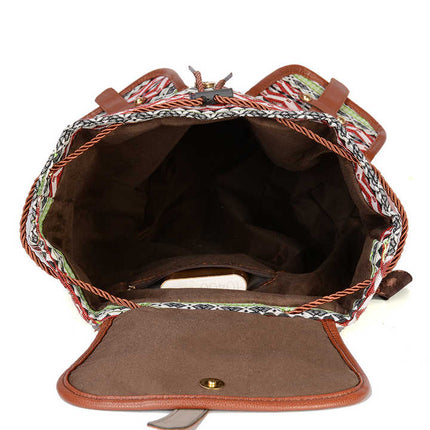 Lozenge Pattern Bohemian Style Canvas Backpack - Vintage Tribal Pattern Travel Bag with Leather Straps.