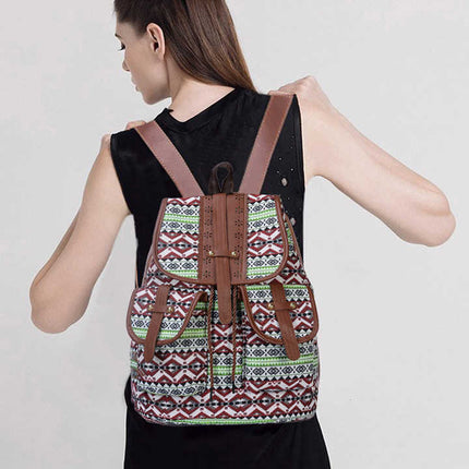 Lozenge Pattern Bohemian Style Canvas Backpack - Vintage Tribal Pattern Travel Bag with Leather Straps.