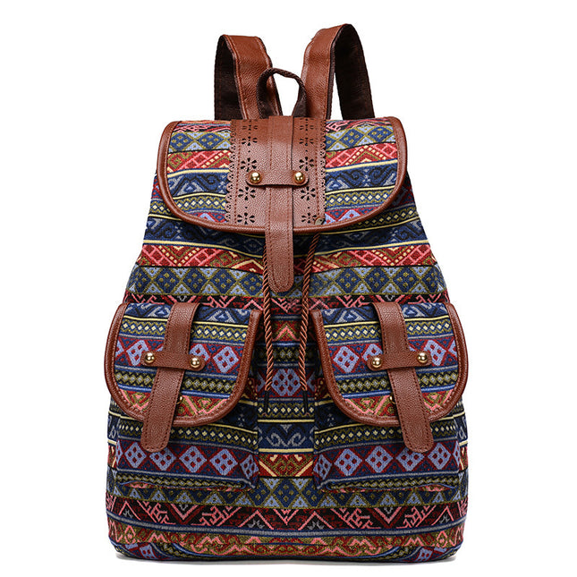 Diamond Pattern Bohemian Style Canvas Backpack - Vintage Tribal Pattern Travel Bag with Leather Straps.