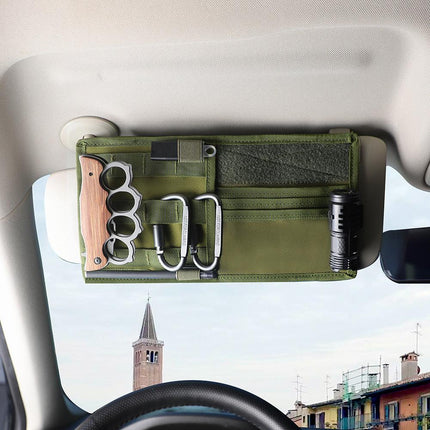 Black Car Sun Visor Organizer - Tactical Molle Storage Panel with Multi-Pocket Design.