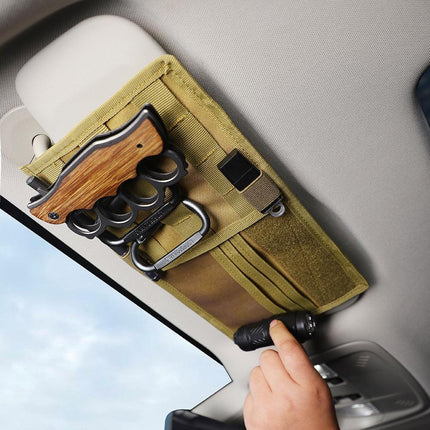 Black Car Sun Visor Organizer - Tactical Molle Storage Panel with Multi-Pocket Design.