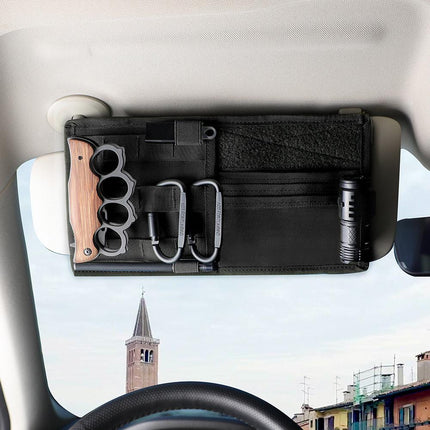 Black Car Sun Visor Organizer - Tactical Molle Storage Panel with Multi-Pocket Design.